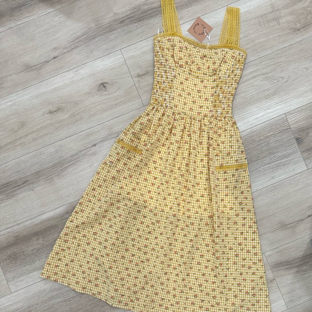 Vintage Style Yellow Gingham Floral Midi dress